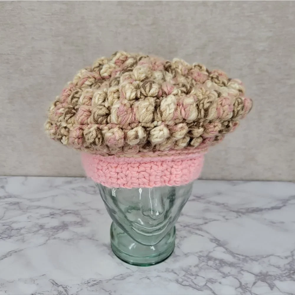 Handmade Chunky Crochet Knit Pink and Tan Beret Hat